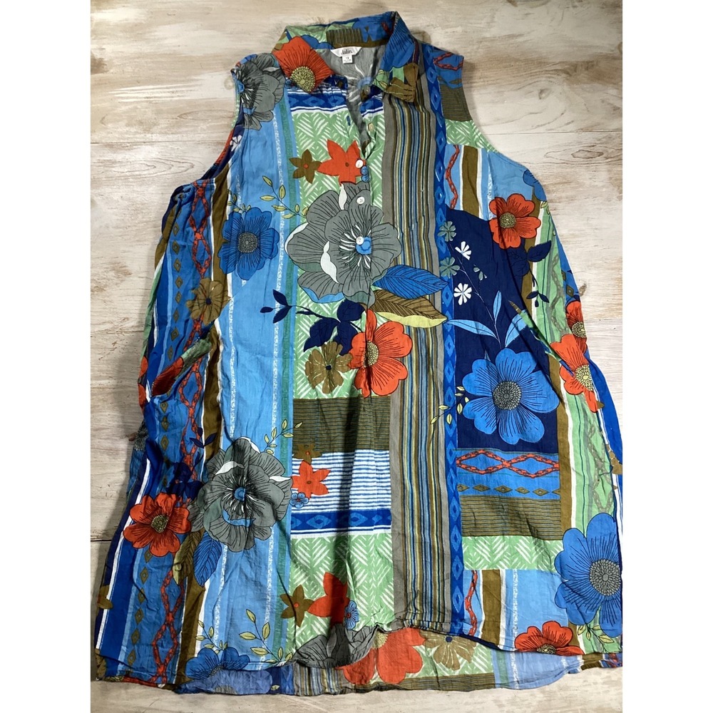 Dalin Womens 1X Linen Cotton Sleeveless Floral Patchwork Tunic Top Blue Orange